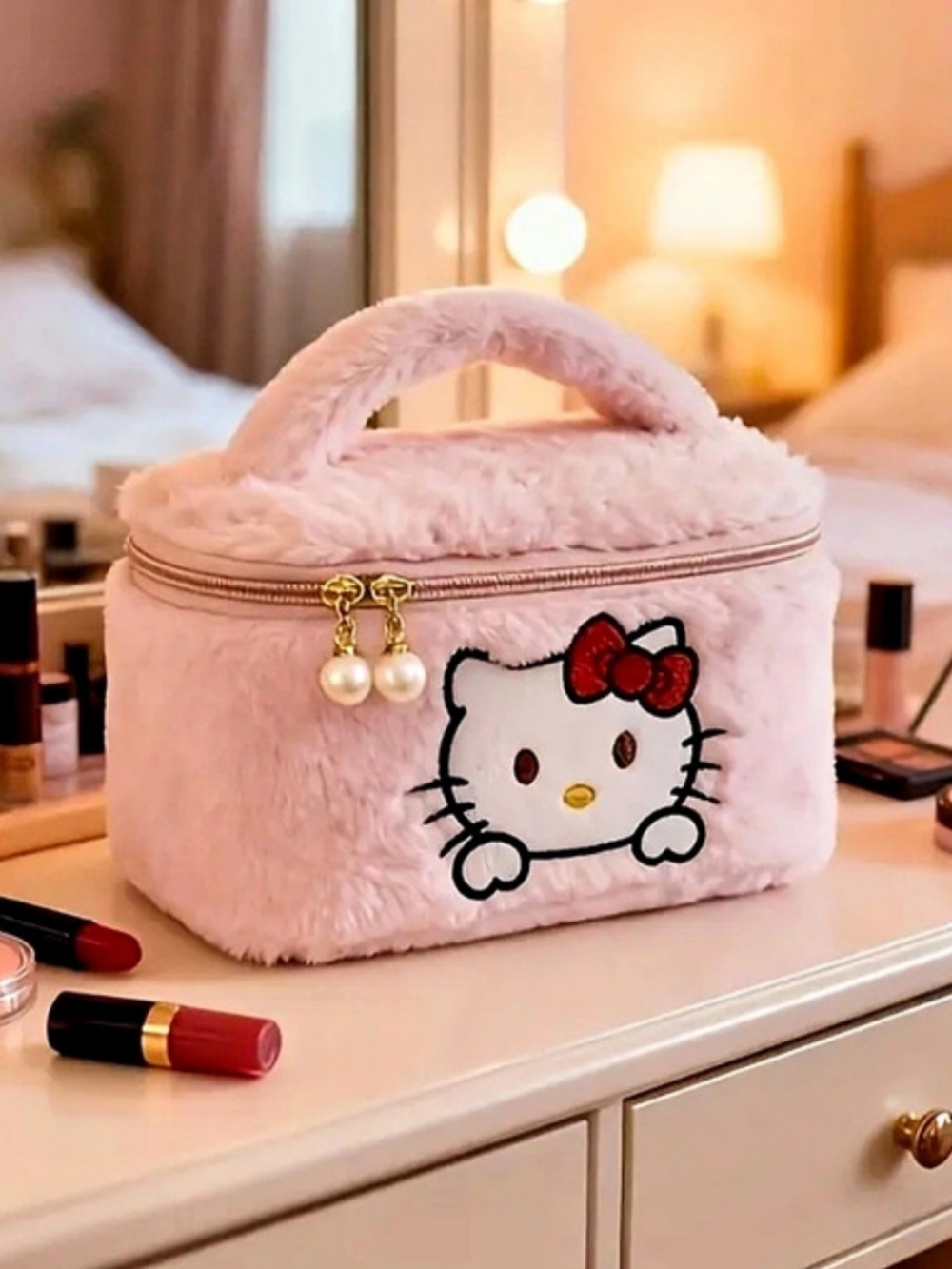 Sanrio Hello Kitty Fluffy Travel Cosmetic Bag Pink & White